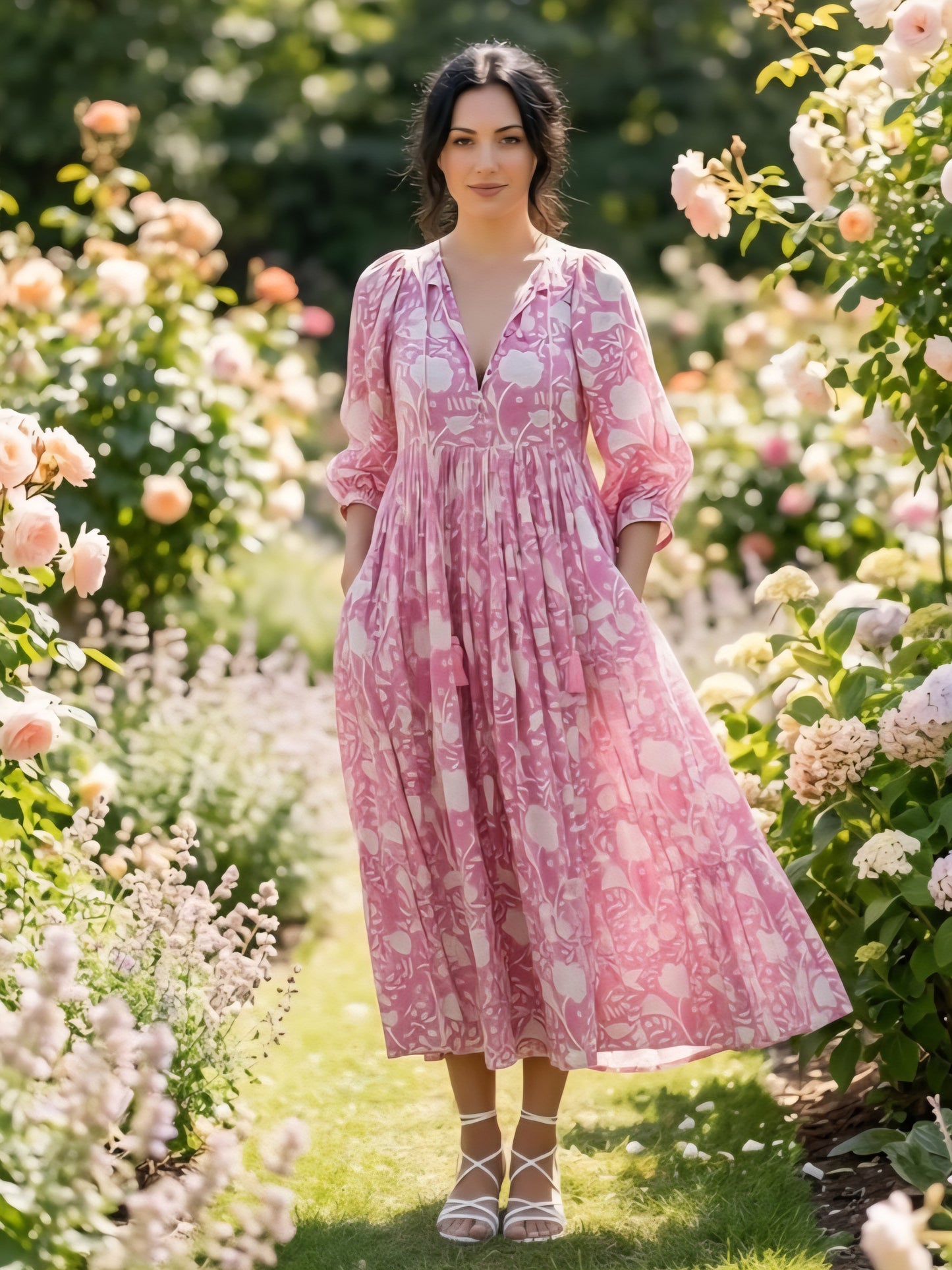 Camilla Kleid mit Handblockdruck – Pink