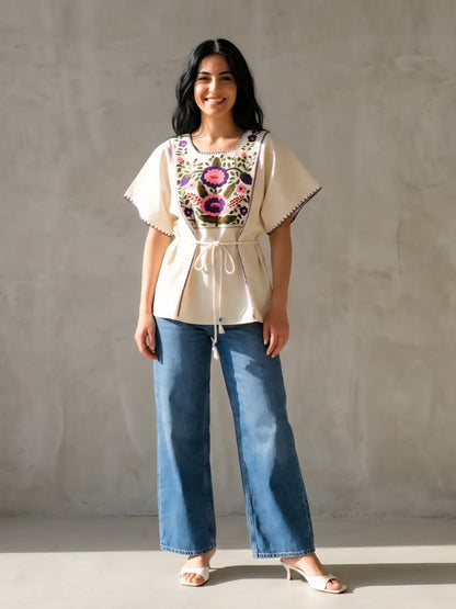Handbestickte Baumwollbluse Nr. 16 – Creme