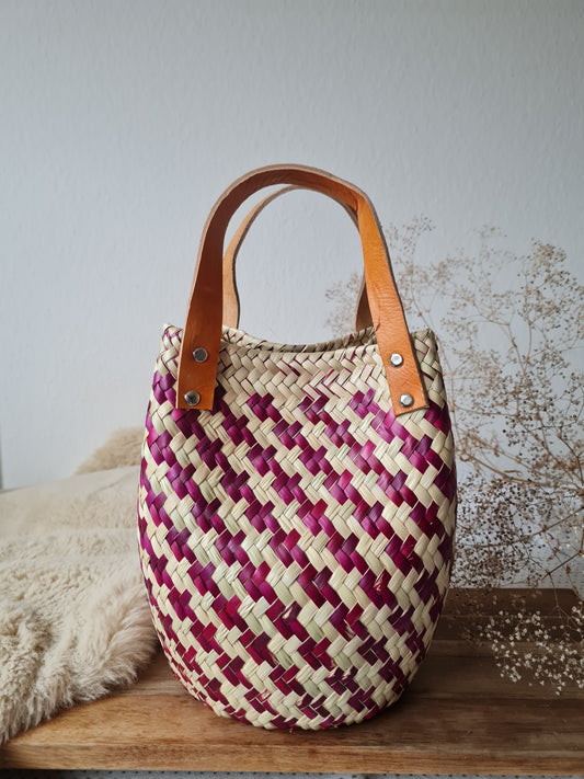 Las Palmas Korb Tasche Klein mit braunem Ledergriff – Mauve/Creme