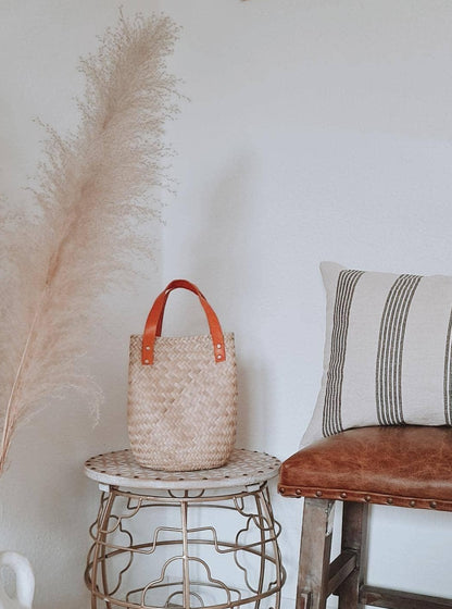 Las Palmas Korb Tasche Klein mit braunem  Ledergriff – Creme