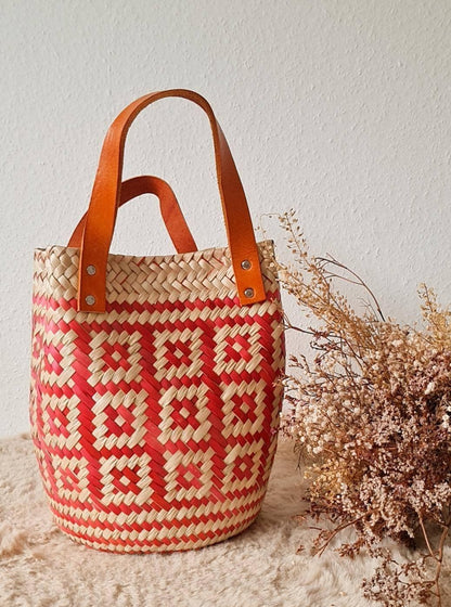 Las Palmas Korb Tasche Klein mit braunem Ledergriff – Rot/Creme