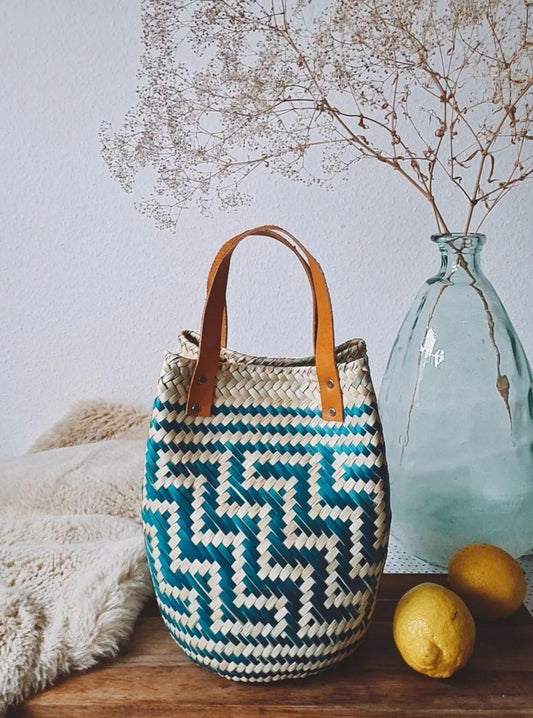 Las Palmas Basket Bag Small With Tan Handle - Green