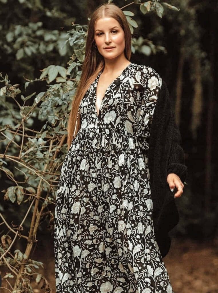Camilla Kleid mit Handblockdruck – Schwarz/Creme